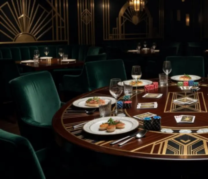 Kolacja serwowana przy eleganckim pokerowym stole w salonie gier