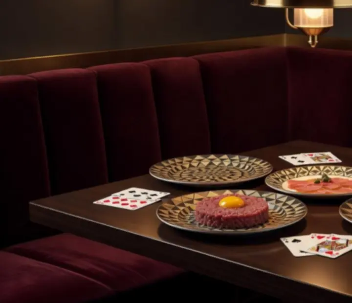 Zestaw eleganckich przystawek serwowanych w wieczornej atmosferze restauracji i salonu gier