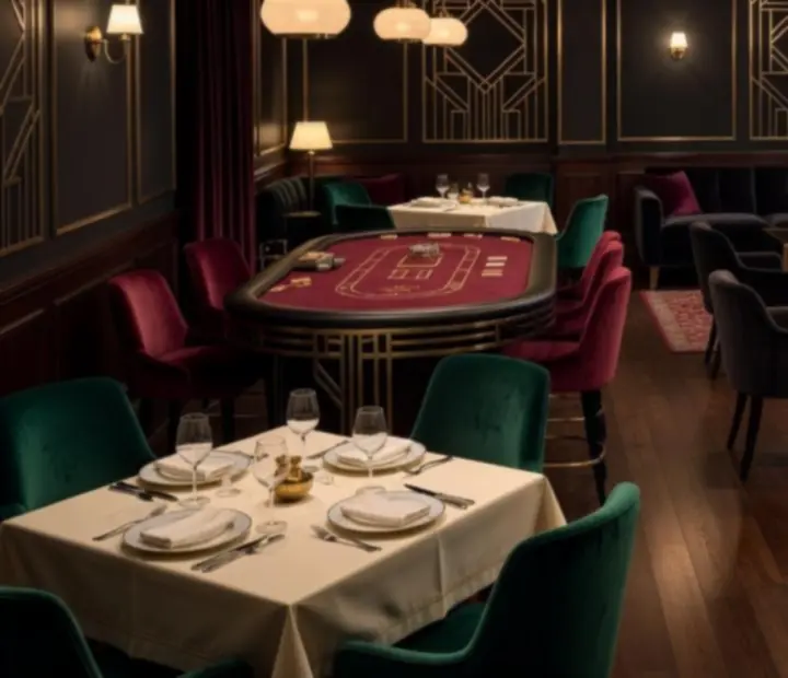 Wieczorna sala restauracyjna w stylu Art Deco z eleganckimi stolikami i subtelnym salonem gier z pokerem, ruletką i blackjackiem