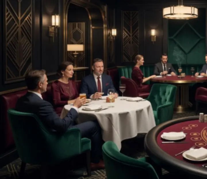 Elegancka sala restauracyjna z nastrojowym salonem gier i stołem blackjack w stylu Art Deco