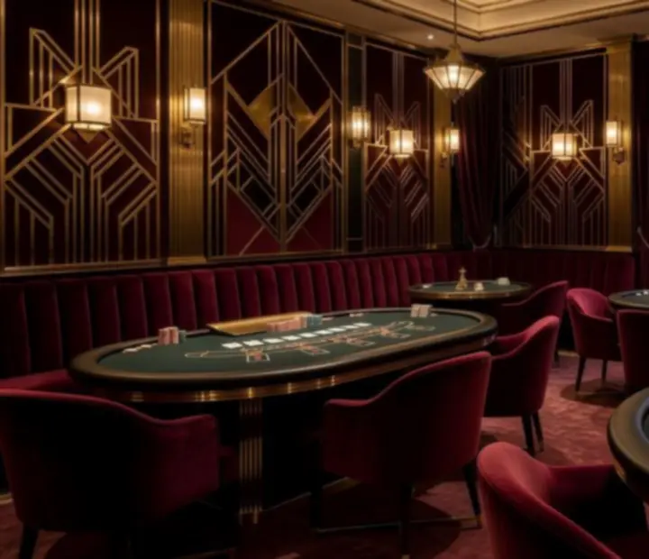 Ekskluzywny salon gier w stylu Art Deco ze stołem do ruletki, pokerowym stołem i stołem do blackjacka
