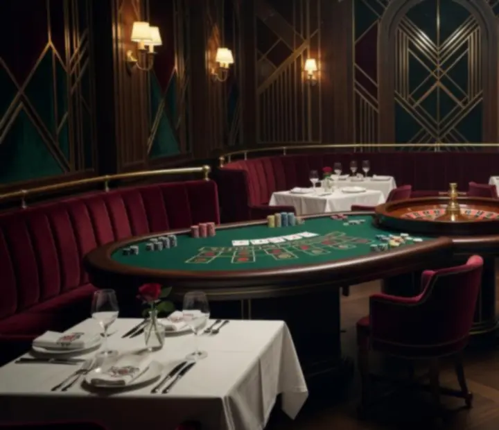 Salon gier w eleganckiej restauracji z pokerowym stołem i stołem do ruletki
