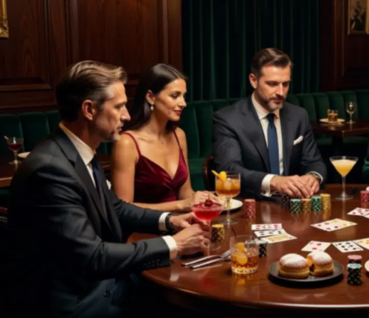 Wieczorna atmosfera pokerowa w eleganckiej sali restauracyjnej POKISEC z kartami i żetonami